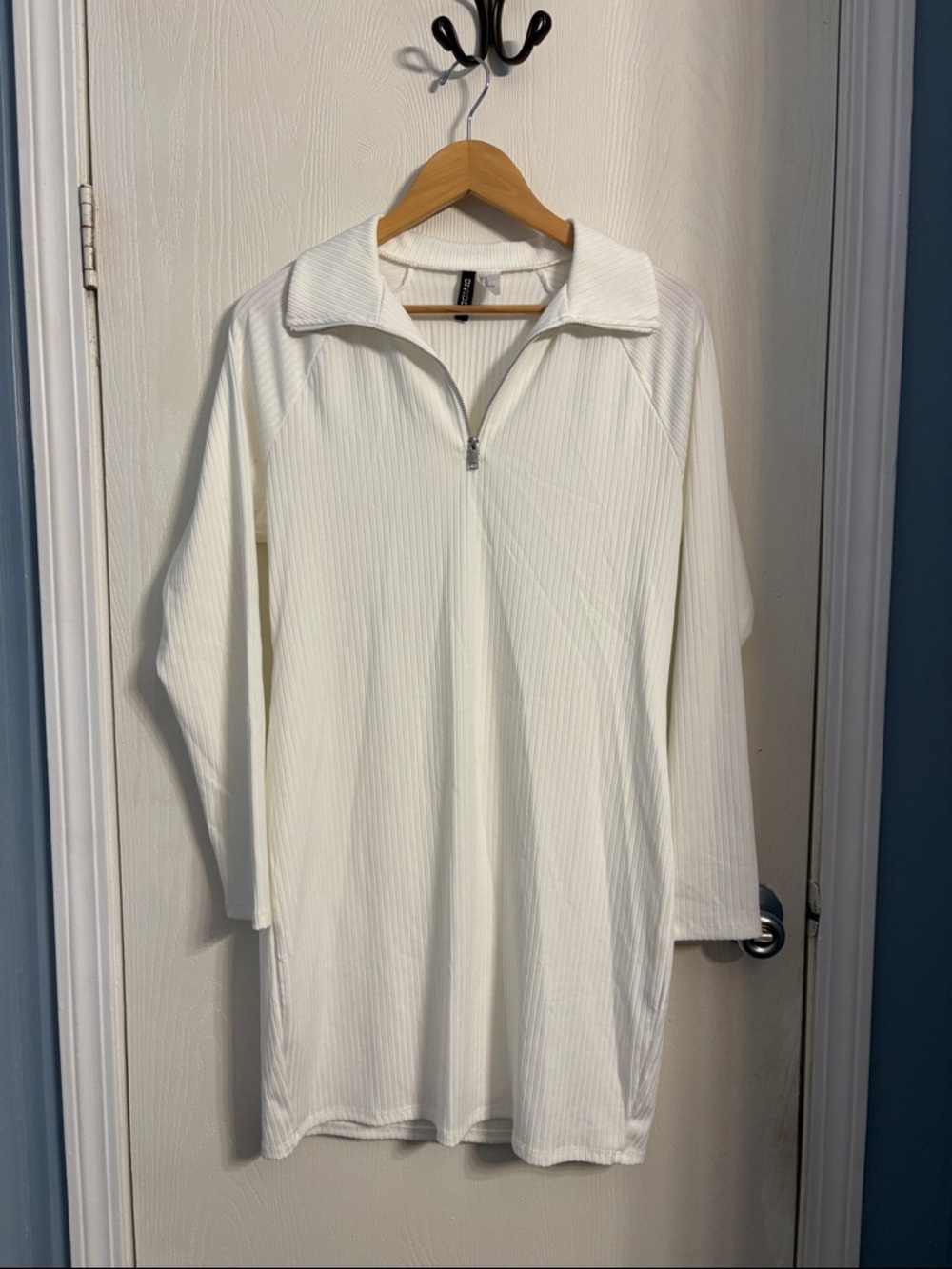 H&M Cream Ribbed Half-Zip Mini Dress